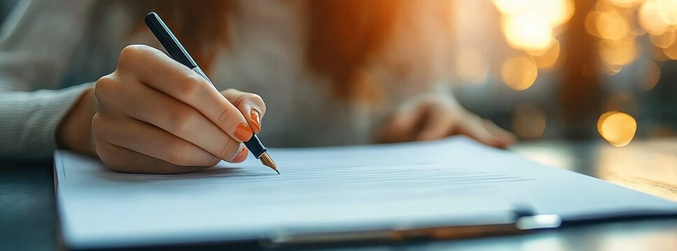 Closeup of a hand with orange nails writing with a pen on a clipboard, white paper on a desk, warm bokeh background, a calm focused moment
