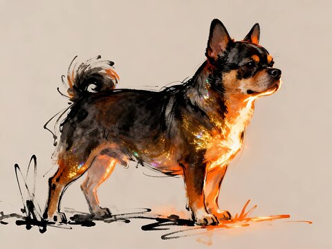 Minimalist abstract sketch series : Chug Dog, with iridescent orange-gold effect portrait of a canine pet in gray cardstock 006