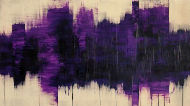 abstract purple and black brushstrokes on beige canvas with vertical texture and paint drips conveying a moody, brooding atmosphere