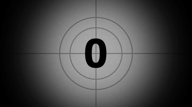 Retro Film Countdown Timer Classic Movie Leader from 5 to 0 Seconds. Old film movie timer count in grey retro style. Movie-style countdown Counting from 10 seconds.
