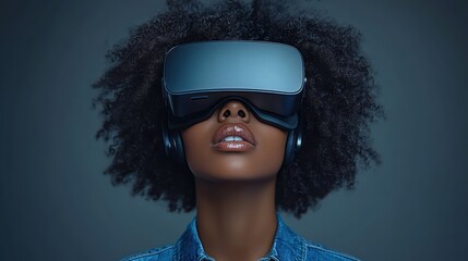 Fototapeta premium Person with voluminous curly afro hair wearing a virtual reality headset and denim jacket, head tilted upward conveying wonder and immersive curiosity