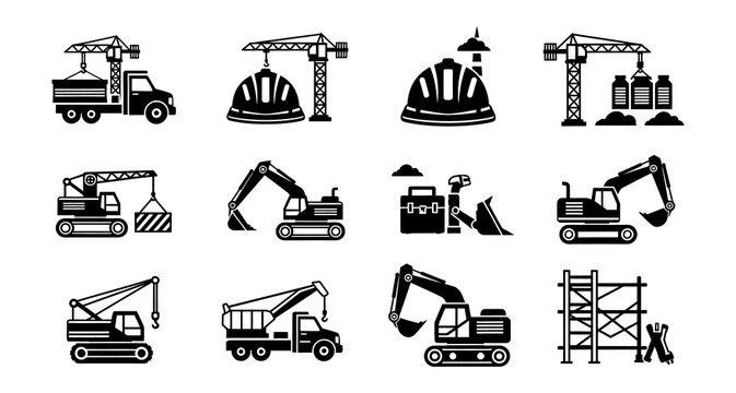 Collection of heavy machinery and construction equipment icons