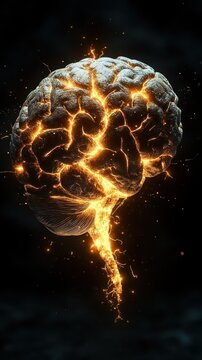 glowing human brain with molten fissures and electric sparks, illuminated brainstem suspended against a dark background, intense energetic awakening