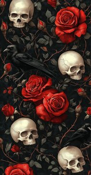dark gothic pattern of red roses, cracked skulls and perched black ravens entwined with thorny vines, evoking a mournful romantic and eerie atmosphere