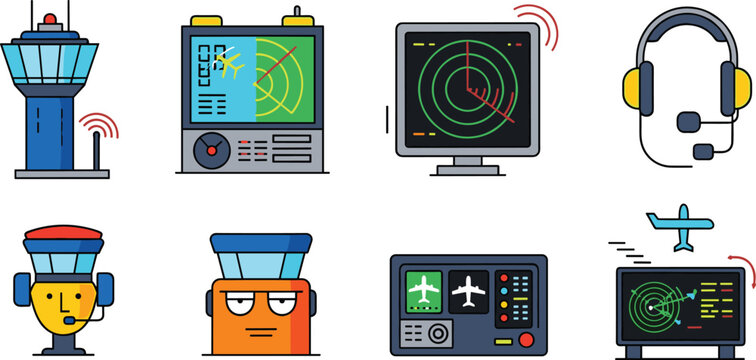 Air traffic control and radar system icon set with tower screens headset operators and aviation monitoring equipment isolated on white background vector illustration