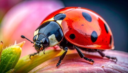 Obraz premium A vibrant macro close-up of a spotted red ladybird beetle resting on a fresh green leaf and flower in a sunny summer garden