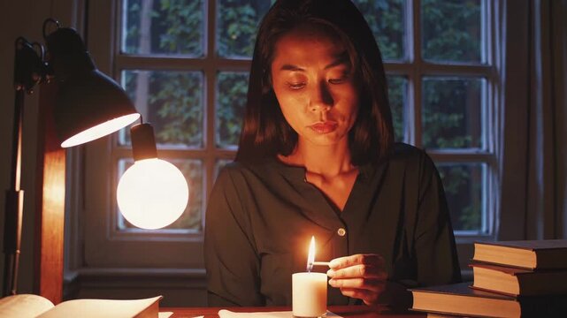 Quiet Evening Scene With Warm Lamp Illumination. Serene Woman Engrossed In Reading By Soft Candlelight And Books. Intimate Late Night Study Environment Featuring Woman And Cozy Lamp Glow