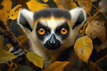 Fototapeta premium Curious lemur peeking through golden autumn leaves, gripping a branch with striped paw, intimate woodland scene with warm playful mood