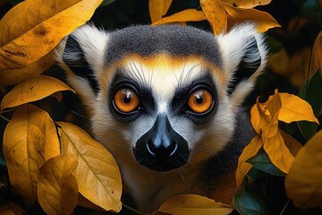 Fototapeta premium Curious lemur ears peeking through golden autumn leaves, soft gray fur and white tufts, warm cozy and inquisitive mood