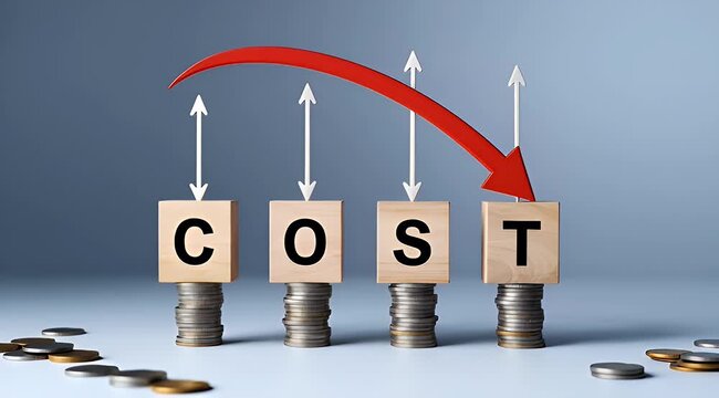 Business Financial Concept of Cost Reduction and Price Optimization with Wooden Blocks and Coins
