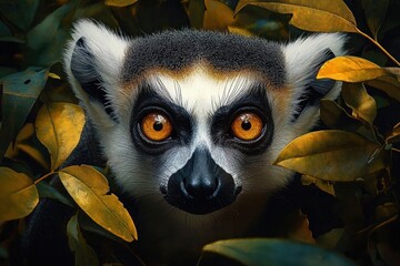 Fototapeta premium curious lemur peeking through golden leaves, watchful and mysterious