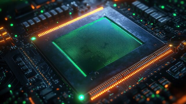 Close-up of a glowing green microprocessor on a dark circuit board with orange LED traces, metallic components and a futuristic high-tech energy feel