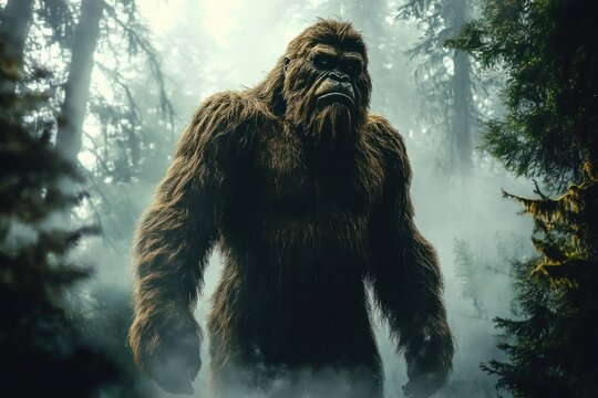 Massive hairy humanoid creature standing amid misty evergreen forest, towering and brooding with an ominous, mysterious presence