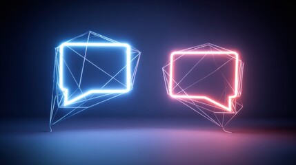 Fototapeta premium Chat Bubbles Connected by Lines Create a Geometric Structure in a Minimal Setting With a Dark Background and Soft Neon Colors