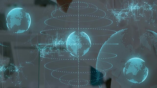 Senior scientist reaching control, manipulating tool, revealing cyan globe network for lab analysis
