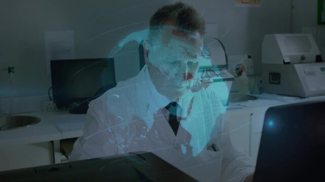 Lab professional working at laptop, globe rotating and revealing face while typing for tests