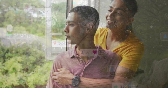 Two men at window partner approaching placing hand embracing showing love UI overlays appearing