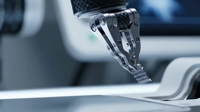 A close-up of a robotic arm, carbon fiber, metal and screws, grasping something on a surface