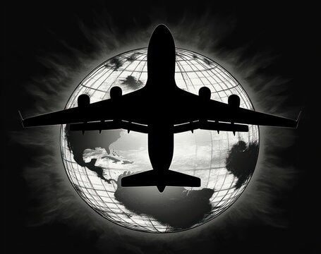 dramatic silhouette of a large four-engine airplane over a glowing globe with map grid evoking global travel and power