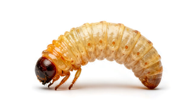 Larva of a beetle or grub worm isolated on white background. Close up of a white chafer beetle larva, garden pest or organic bait concept.