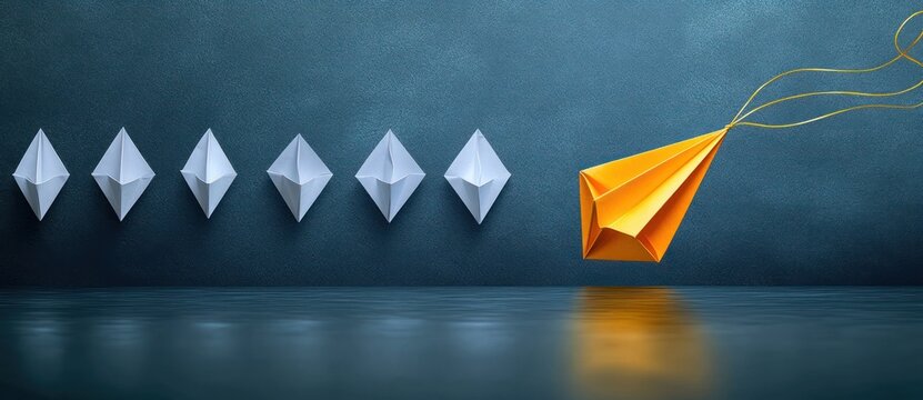 orange paper airplane breaking away from a row of white folded paper shapes on a reflective surface, conveying leadership, confidence and creative individuality