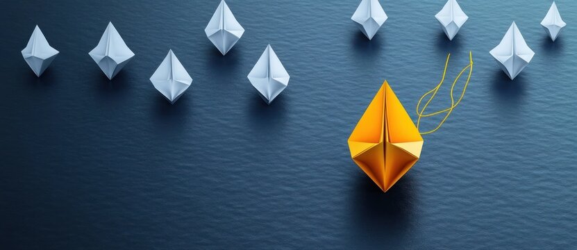 orange origami boat ahead of a row of white paper boats on dark textured water with yellow trailing lines, conveying confident leadership and individuality