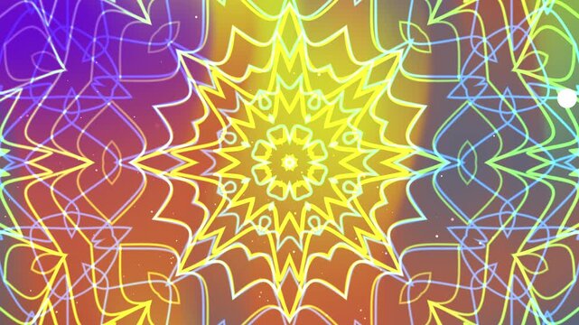 Psychedelic kaleidoscope overlay pattern with yellow in the middle radiates outward. Great for backgrounds, textiles, prints, and artistic designs.
