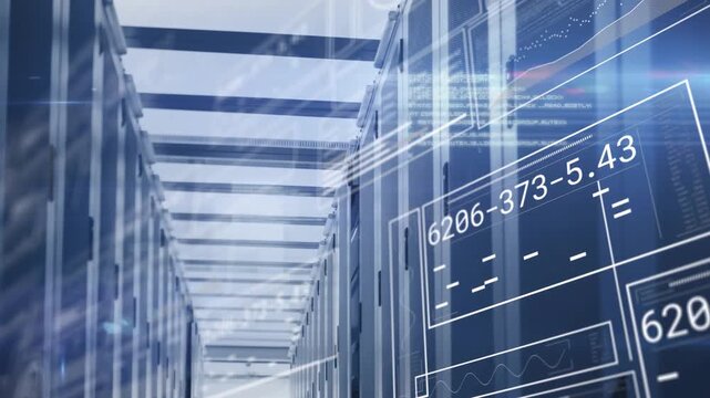 Central server aisle revealing HUD overlays triggered by telemetry, forming gauges and graphs