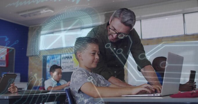 Student typing, teacher leaning and guiding laptop for edtech with circuit overlay on screen