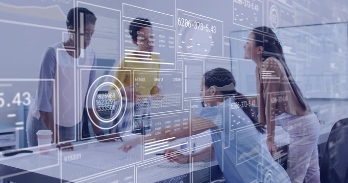 Vertical video: Designers pointing at plan, activating AR overlay with charts and agreeing
