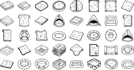 Naklejka premium Doodle Pet Bed Collection: Hand-Drawn Vector Icons of Dog Cat Sleeping Spots for Cozy Home Decor
