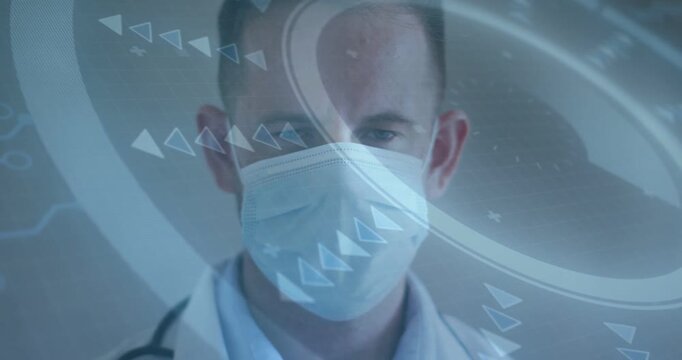 Masked physician standing center with steth overlay appearing sweeping across face revealing vitals