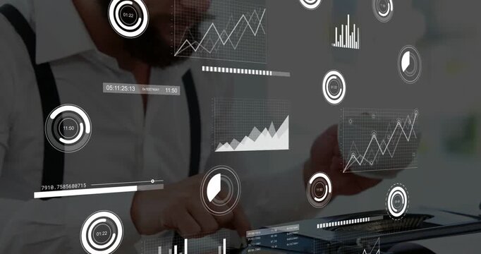 Analyst tapping terminal, causing HUD charts tracking finance metrics while sipping cup and leaning