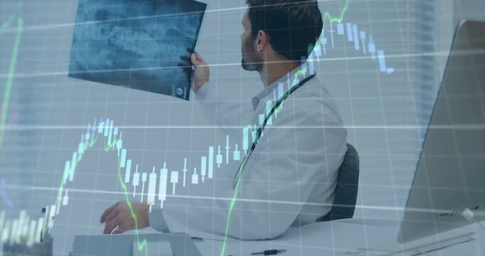 Doctor opening Xray at desk, rotating and raising to blinds, overlaid charts confirming diagnosis