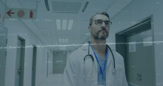 Doctor entering frame and walking medical corridor, waveform tracking stethoscope heading to duty