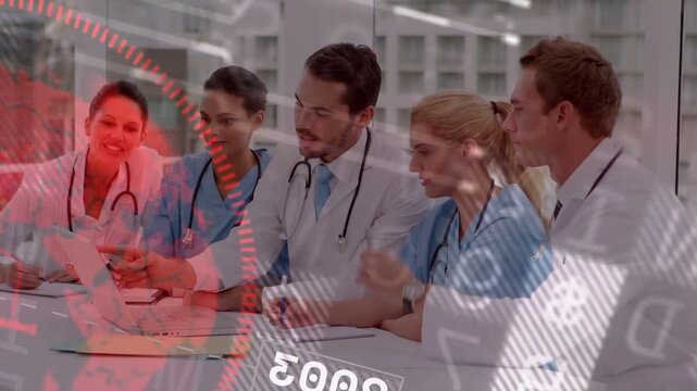 Male doctor tapping laptop, urging medical team reviewing case and deciding care HUD digits overlay