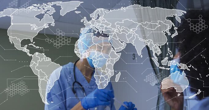 Clinician prepping, inserting diagnostic swab as patient lowers mask, world map hex grid overlaying