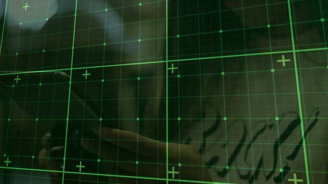 Woman adjusting phone and hand behind clear glass HUD for technology demo, green grid staying fixed