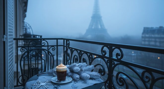 a wrought-iron balcony overlooking a misty Paris street. A small table features a coffee pour with a perfect cream swirl, a sprig of white pine, and a snowflake ornament. The Eiffel Tower is softly ou