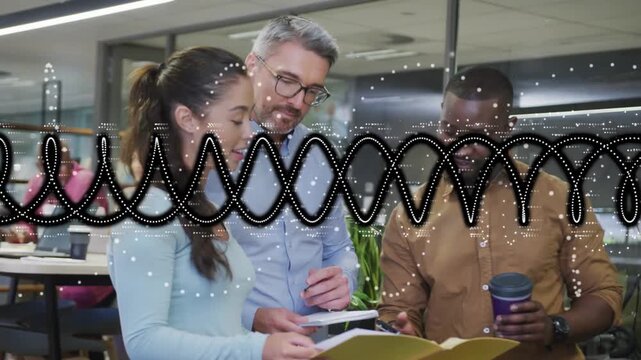 Woman opening yellow file starting office review team tapping docs on phone black wave hiding faces