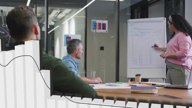 Presenter writing flipchart causing bar graph trendline rising on table to show business growth