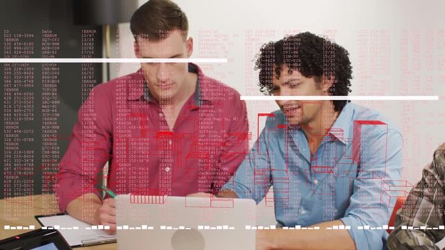 Two colleagues writing and explaining while laptop receiving data, tech overlay supporting analysis