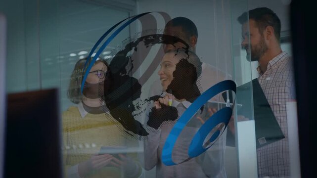 Short-haired woman annotating glass as rotating 3D globe triggers team discussing business strategy