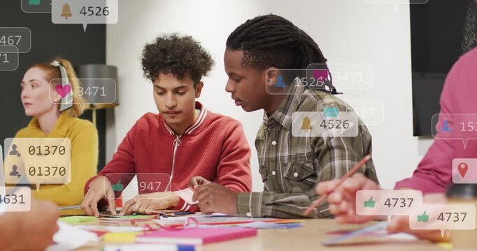 Two men grabbing scissors, cutting paper for creative workshop, social bubbles growing over table