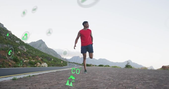 Male runner doing fitness warmup with quad stretch then stepping and pointing at floating eco icons