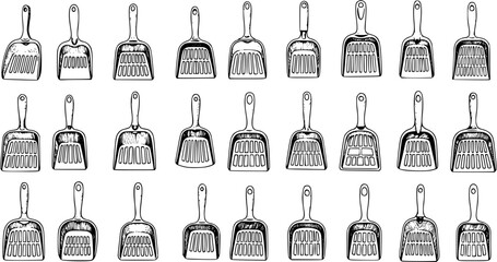 Diverse collection of hand-drawn cat litter scoops. Set of detailed vector illustrations depicting various sifting shovel designs for pet waste, hygiene, and cleaning. © victoria