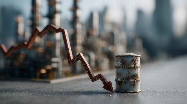 Oil Crisis: Depicting the stark reality of financial downturn, this image features a downward trending graph plummeting towards an oil barrel in a factory background.
