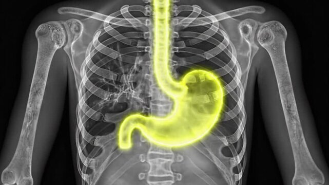 Medical X-Ray Animation Style showing Acid Reflux Moving up to Esophagus
