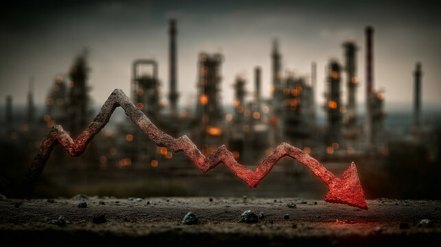 Economic Downturn: A symbolic representation of financial decline, with a red arrow dramatically pointing downwards in front of a blurred industrial landscape.