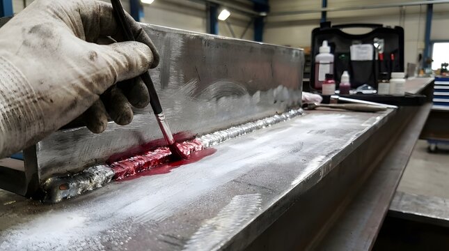 A gloved hand applies red dye penetrant liquid to a metal weld, revealing defects during non-destructive testing in an industrial setting.